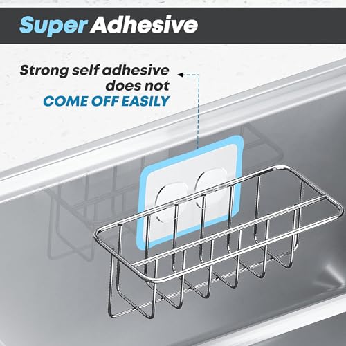 KESOL Adhesive Kitchen Sink Sponge Holder, 2-in-1 Kitchen Sink Caddy Silver | Dish Cloth Hanger, Soap Holder, 304 Stainless Steel Rust Proof, In Sink sponge holder, Water Proof, No Drilling