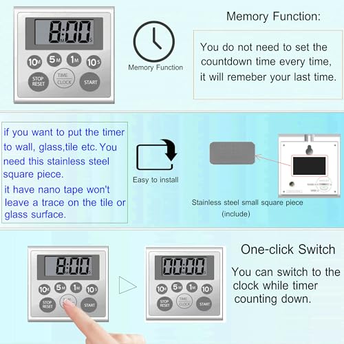 Digital Timer Waterproof Shower Timer Shower Clock Bathroom Kitchen Timer with Strong Magnet and Large LCD Display (Waterproof 7 Key)