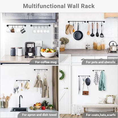 Mkono Wall Mounted Mug Holder, Coffee Cup Hanger Rack with 10 Hooks, 2 Pack | Kitchen Rod, Space Saving, Easy Assembly, Wall & Under Cabinet, Durable Metal, Kitchen Dining Bar Organizer, Multi-Function