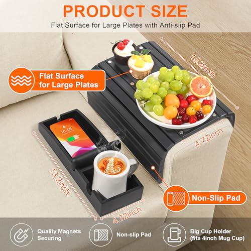 Joy&Grace Couch Cup Holder, 3-in-1 Magnetic Detachable Couch Arm Tray, Bamboo Sofa Armrest Table with Anti-Slip Pad, Sofa Armrest Tray Table (Black)