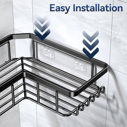 Corner Adhesive Shower Caddy, with Soap Holder and 12 Hooks, Rustproof Stainless Steel Bathroom Organizer, No Drilling Wall Mounted Rack, Black, 3-Pack