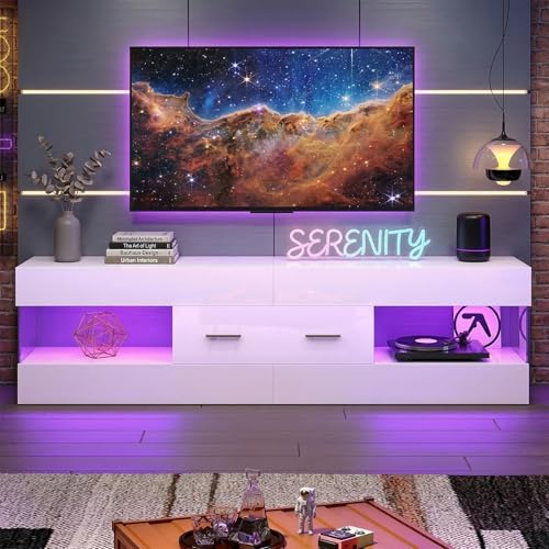 Bestier 60 Inch White Modern TV Stand, LED Entertainment Center Console | Fits up to 65 in TV, High Gloss White with Stone Pattern, Large Storage Drawer & Open Shelves, LED Lights for Living Room