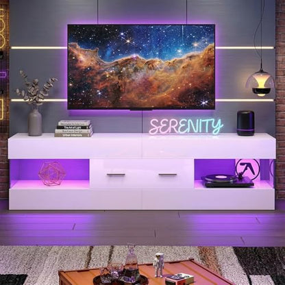 Bestier 60 Inch White Modern TV Stand, LED Entertainment Center Console | Fits up to 65 in TV, High Gloss White with Stone Pattern, Large Storage Drawer & Open Shelves, LED Lights for Living Room