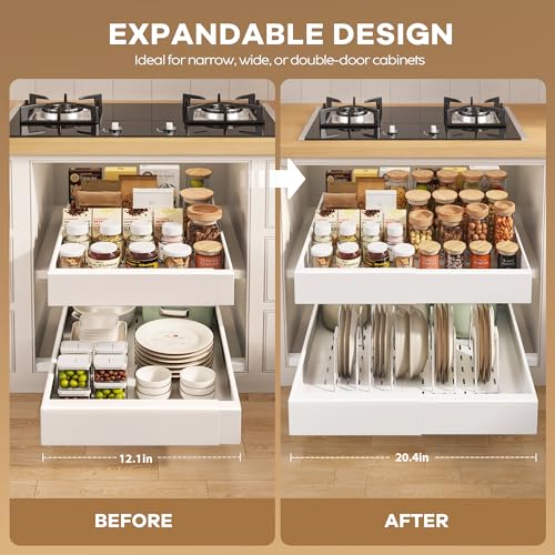 2Pack Pull out Cabinet Organizer 21"Deep with 4 Adjustable Dividers,Expandable（12.1"-20.4"W） Pots and Pans Organizer Under Cabinet with Raising Pad for Framed Cabinets,Slide out Drawers,White
