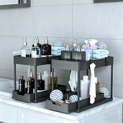 DEKAVA Under Sink Organizer 2 Pack, Bathroom Cabinet Organizer, 2 Tier Sliding Cabinet Basket Organizer Drawer, Multi-Purpose Bath Collection Baskets for Bathroom (Black)
