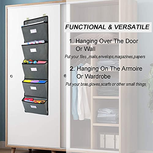 Over the Door Hanging File Organizer 5 Extra Large Pockets Wall Hanging File Folders Organizer Holders,Home Office Supplies Storage Pocket Chart for Paper Mails Planners Notebooks,Gray