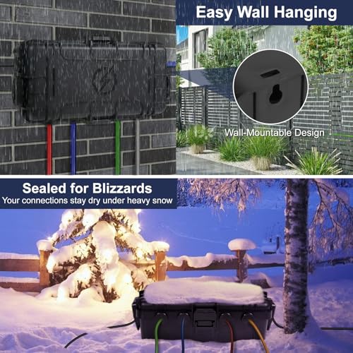 Medium Outdoor Electrical Box (11.6x5.2x4.1 inch), IP54 Waterproof Extension Cord Cover w/ 6 Cable Entry, Weatherproof Connection Box for Power Strip, Plug, Timer, Holiday Lights, Black