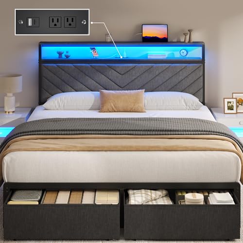 Queen Bed Frame with 2 Drawers, Upholstered Headbo... (Grey | Metal)