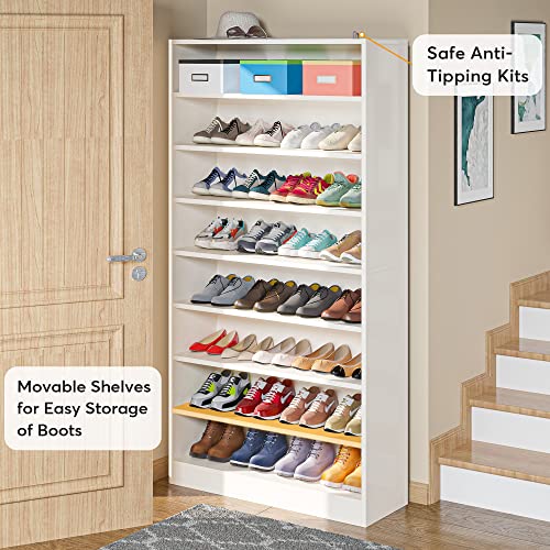 Tribesigns Shoe Cabinet, 9 Tiers 40-45 Pairs Heavy Duty Wood Freestanding Shoe Storage Cabinet, 70.8'' Tall Shoe Organizer with Open Storage for Entryway, White