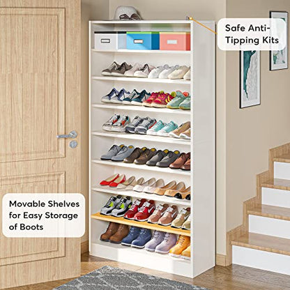 Tribesigns Shoe Cabinet, 9 Tiers 40-45 Pairs Heavy Duty Wood Freestanding Shoe Storage Cabinet, 70.8'' Tall Shoe Organizer with Open Storage for Entryway, White