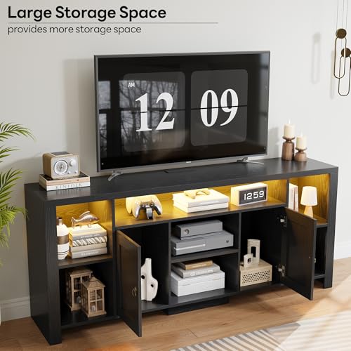 LIKIMIO 70" TV Stand for TVs up to 80", LED Entertainment Center, Black | Built-in Power Outlet, LED Lights, Wood Finish, 2 Storage Cabinets, Adjustable Shelves, TV Console for Living Room