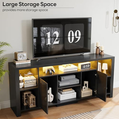 LIKIMIO 70" TV Stand for TVs up to 80", LED Entertainment Center, Black | Built-in Power Outlet, LED Lights, Wood Finish, 2 Storage Cabinets, Adjustable Shelves, TV Console for Living Room