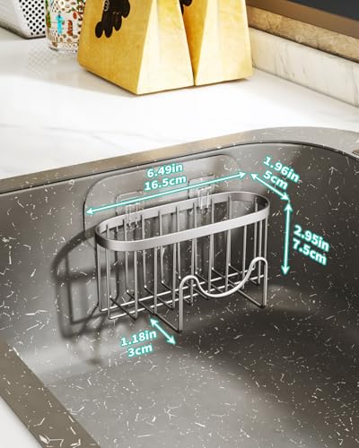 HapiRm Multifunctional Kitchen Sponge Holder with Unique M-Shaped, 2 Installation Ways Sink Caddy, Stainless Steel Kitchen Organizer for Sponge, Brush, Sink Stopper and Scraper -Brushed Nickel