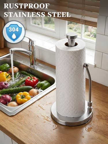 SMARTAKE Paper Towel Holder Countertop, Non-Slip Weighted Base, Silver | Freestanding Kitchen Roll Dispenser, Rustproof Stainless Steel, Spring Arm for Easy Tear, Widden Top, with 4 Suction Cups