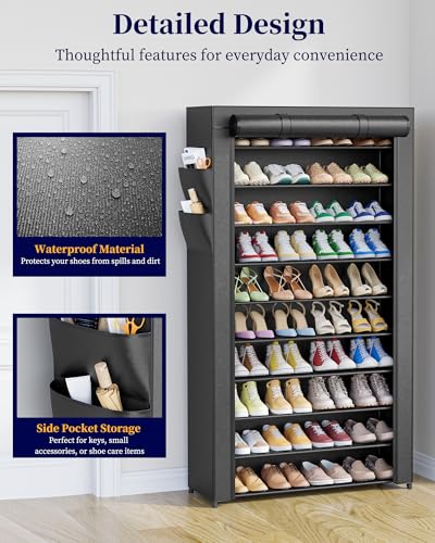 Kitsure 10-Tier Shoe Rack with Cover, Tall Shoe Shelf, 33" Wide, Black | Large Capacity Shoe Storage with Side Pocket, Shoe Organizer for Closet, Entryway, Bedroom, Zapateras Organizer