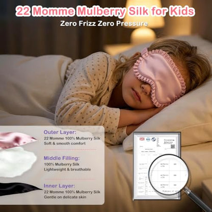 Kids Silk Sleep Mask, 22 Momme 100% Mulberry Silk Eye Mask for Sleeping with Storage Bag, Adjustable Strap Blackout Eye Cover, Cute Ruffle Soft No Pressure Eye Shade for Boys Girls Ages 5+ (Pink)