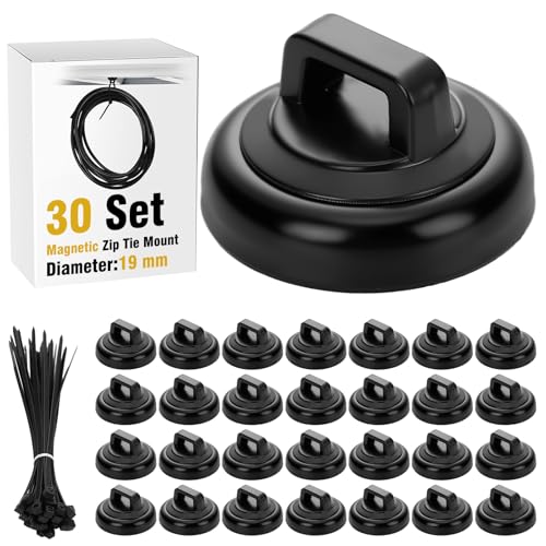 Leinuosen 30 Set Magnetic Zip Tie Mount and Nylon Cable Ties, 19 mm Multipurpose Wire Cable Holder Mount Wire Clips Management Electrical Organization Supplies (Black)