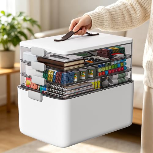 MOPUP 4-Tier Medicine Craft,Sewing,Art,Organizer Storage,Portable Latch Bin with Lid and Leather Handle,Pill Bottle, First Aid,Multipurpose Organizer with Removable Tray,A Household Essential