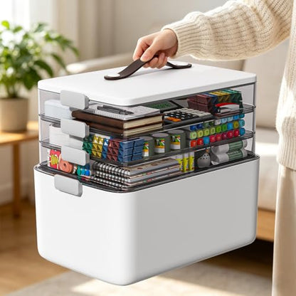 MOPUP 4-Tier Medicine Craft,Sewing,Art,Organizer Storage,Portable Latch Bin with Lid and Leather Handle,Pill Bottle, First Aid,Multipurpose Organizer with Removable Tray,A Household Essential