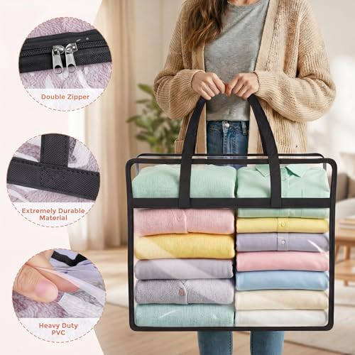 6 Pack Clear Storage Bags for Clothes, 45L Closet Organizers and Storage | Plastic storage with zipper and handle, moving bags, under-bed storage, closet organizer for blankets, comforters, toys