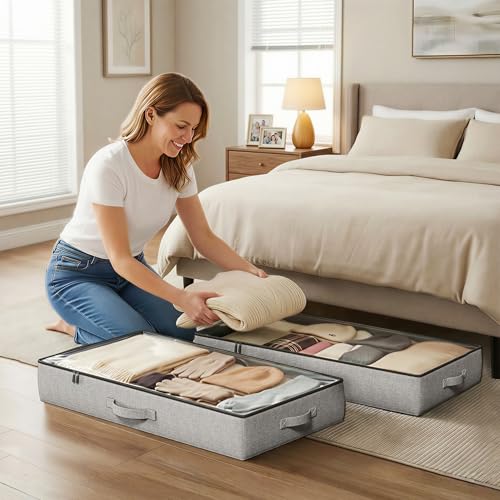 2-Pack Under Bed Storage Containers, 4.5 Inches Tall Clothes Storage, Grey | Low Profile Collapsible Underbed Organizer Bin with Sturdy Sidewalls/Bottom, Cotton-linen, For Seasonal Clothes & Bedding