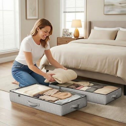 2-Pack Under Bed Storage Containers, 4.5 Inches Tall Clothes Storage, Grey | Low Profile Collapsible Underbed Organizer Bin with Sturdy Sidewalls/Bottom, Cotton-linen, For Seasonal Clothes & Bedding