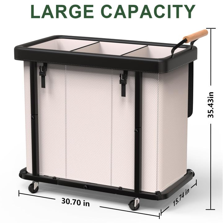 Laundry Hamper 3 Section,230L (60Gal) Rolling Dirty Clothes Hamper White | Laundry Basket with Wheels & Lid,Laundry Organizer Storage Cart with Metal Frame and Wooden Handle for Laundry Room, Hotel