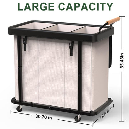 Laundry Hamper 3 Section,230L (60Gal) Rolling Dirty Clothes Hamper White | Laundry Basket with Wheels & Lid,Laundry Organizer Storage Cart with Metal Frame and Wooden Handle for Laundry Room, Hotel