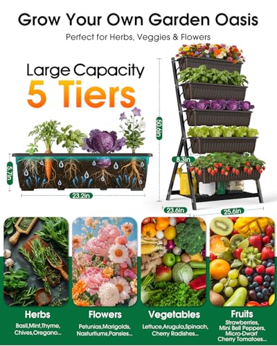 5-Tier Vertical Garden Bed Planter Boxes with Drainage System & Storage Space, Freestanding Vertical Garden Planter with 5 S-Hooks for Plants Vegetables Flowers Herbs in Garden Patio Yard
