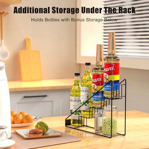 Coffee Syrup Organizer for Countertop, Stepped Syrup Rack Holds 4 Bottles, Freestanding Coffee Bar Organizer, Heavy Duty Carbon Steel Storage Rack for Home, Kitchen, Café & Bar