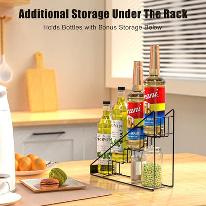 Coffee Syrup Organizer for Countertop, Stepped Syrup Rack Holds 4 Bottles, Freestanding Coffee Bar Organizer, Heavy Duty Carbon Steel Storage Rack for Home, Kitchen, Café & Bar