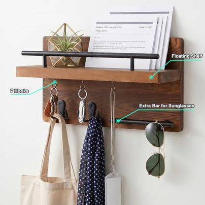 OurWarm Wall Mounted Key Holder/Hangers for Wall Decorative with 5 Key Hooks, Wooden Mail Rack Organizer with Shelf, Rustic Home Decor for Entryway Mudroom Hallway Office, Brown