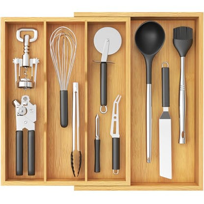 Lifewit Utensil Organizer for Kitchen Drawer, Expandable Cooking Utensil Tray, Cutlery Silverware Flatware Holder, Wood Adjustable Spatula Tools Storage Divider, 30-55 x 40cm, Natural