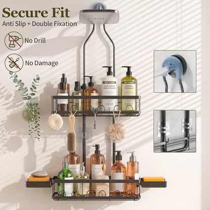Skyapex Shower Caddy Hanging Over Shower Head, Adjustable, Black | Adjustable height fits tall bottles up to 18 inches; anti-sway design holds 40 lb; quick-drain steel; includes 2 soap trays.