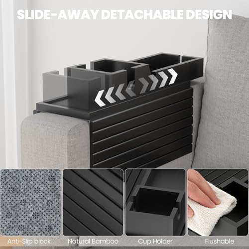 Bamboo Sofa Armrest Tray - Couch Arm Tray with Detachable Couch Cup Holder - 2 in 1 Anti-Slip Foldable Sofa Armchair Caddy Table - Cup Holder for Drinks Cellphone Snacks, Remote