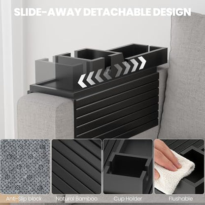 Bamboo Sofa Armrest Tray - Couch Arm Tray with Detachable Couch Cup Holder - 2 in 1 Anti-Slip Foldable Sofa Armchair Caddy Table - Cup Holder for Drinks Cellphone Snacks, Remote