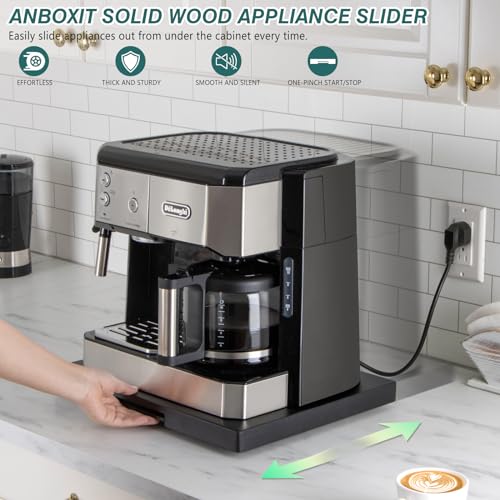 ANBOXIT Appliance Slider, Wooden Sliding Tray for Coffee Maker | Coffee Pot Slider for Counter, Kitchen Caddy Rolling Tray (Classic Black- Wide)