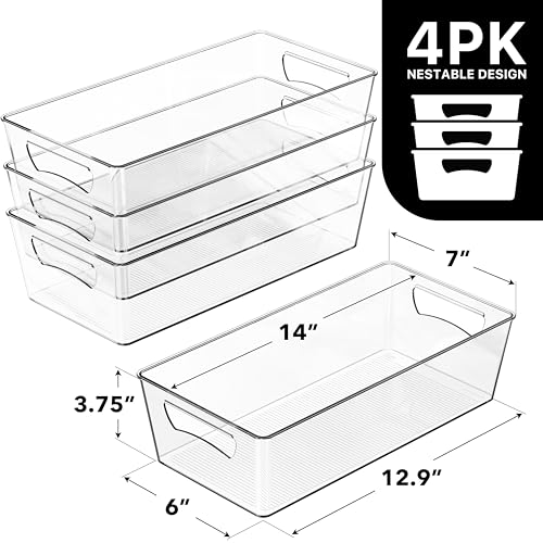 Simple Houseware 4 Pcs Pantry Clear Bin Storage Organizer, 14" x 7" x 3.75"