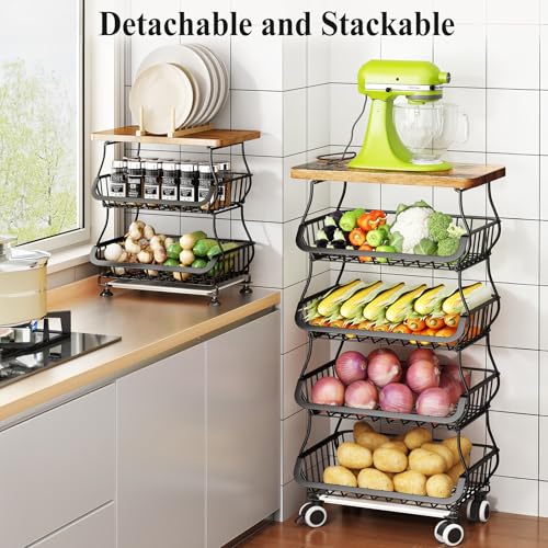 SAYZH 5-Tier Fruit and Vegetable Basket Stand for Kitchen, Wood Top, Black | Stackable Vegetable Storage Baskets with Wheel, Metal Wire Storage Carts for Onion, Potato and Snacks