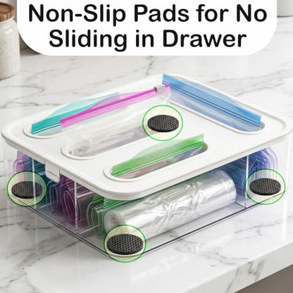 Bag Storage Organizer for Kitchen Drawer, Plastic Bag Container Holder | Quickly & Easily Stores Gallon, Quart, Sandwich, Snack | Space Saving Kitchen Organizer & Baggie Dispenser