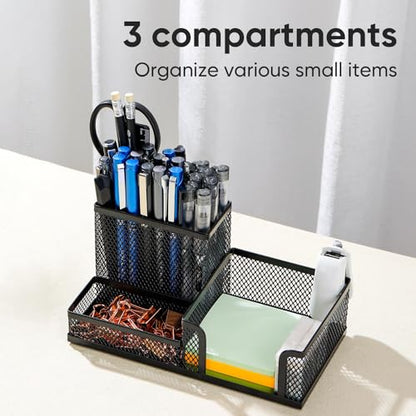deli Mesh Desk Organizer, Black | Office Supplies Caddy with Pencil Holder and Storage Baskets for Desktop Accessories, 3 Compartments