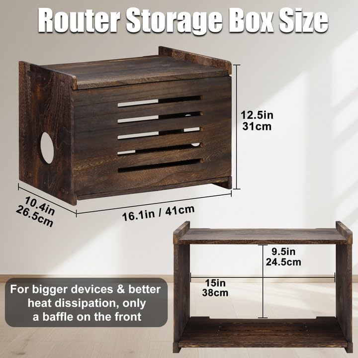 Wooden Router Box Hider Large Charcoal Retro with Cable Management, Modern Wifi Router Shelf Storage Box Wifi Box Hider for Home and Office