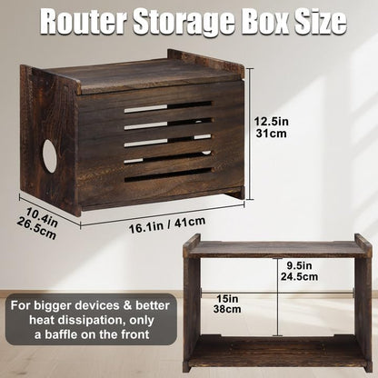 Wooden Router Box Hider Large Charcoal Retro with Cable Management, Modern Wifi Router Shelf Storage Box Wifi Box Hider for Home and Office