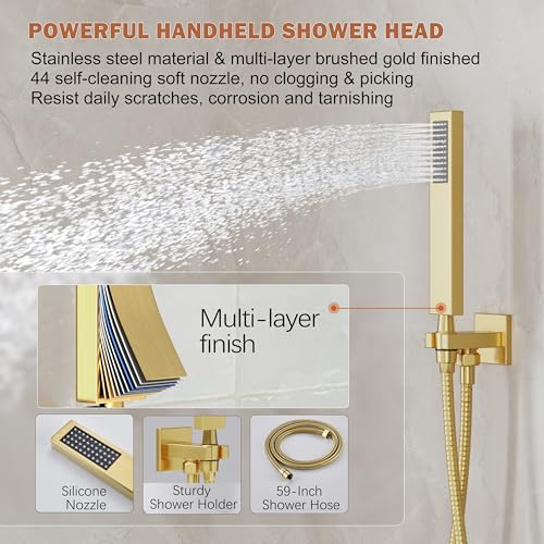 10" Rain Gold Shower System with Handheld & Valve, Brushed Gold | Wall-Mounted High-Pressure Shower Faucet Combo Set, 10-Inch Rain Shower Head with Handheld Spray,Includes Valve and Trim Kit