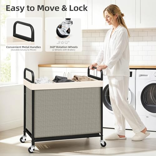 STORAGE MANIAC Rolling Laundry Hamper with Wheels 3-Section Laundry Sorter Rolling Laundrys Basket on Wheels with Removable Bag Clothes Hamper Laundrys Organizer Cart Bathroom Bedroom 120L Beige