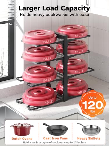 MUDEELA 8-Tier Heavy Duty Pots and Pans Organizer under Cabinet, Black | Adjustable 15.83" H pot rack, pan organizer Holds big stockpots, Cast Iron Skillet and cookware for use inside cabinets