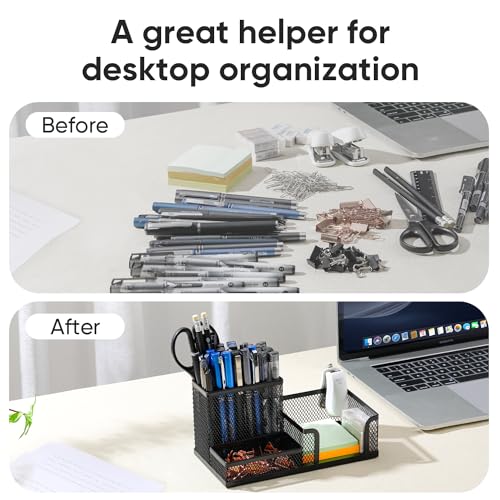 deli Mesh Desk Organizer, Black | Office Supplies Caddy with Pencil Holder and Storage Baskets for Desktop Accessories, 3 Compartments