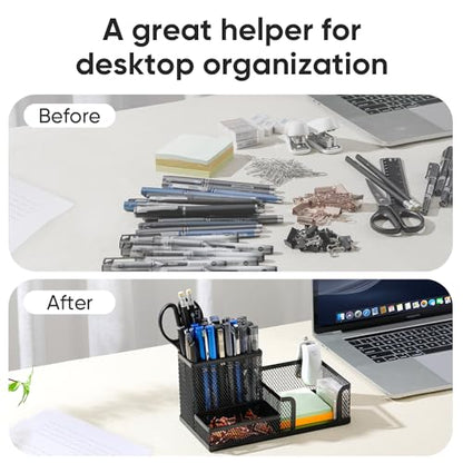 deli Mesh Desk Organizer, Black | Office Supplies Caddy with Pencil Holder and Storage Baskets for Desktop Accessories, 3 Compartments