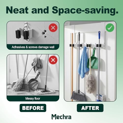 Over The Door Broom and Mop Holder, Heavy Duty Stainless Steel Organizer with 4 Slots and 3 Hooks, No Drilling Space Saving Tool Hanger for Kitchen, Laundry Room, Closet, and Garage - White