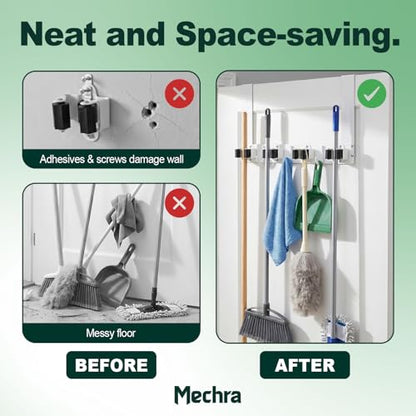 Over The Door Broom and Mop Holder, Heavy Duty Stainless Steel Organizer with 4 Slots and 3 Hooks, No Drilling Space Saving Tool Hanger for Kitchen, Laundry Room, Closet, and Garage - White
